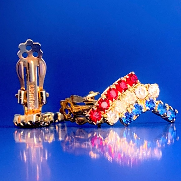 VTG Kramer New York Red/White/Blue Rhinestone Gold Tone Clip Earrings - Picture 2 of 9